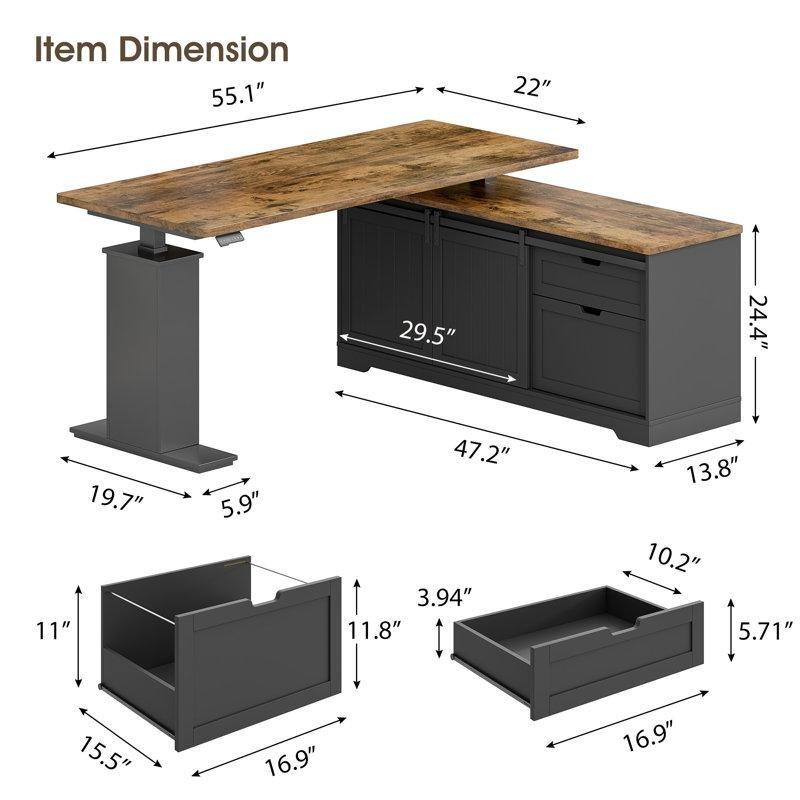Eskitme Kahverengi ve Siyah Endüstriyel Ahşap Yüksekliği Ayarlanabilir L Tipi Çekmeceli Ofis Masası - 140x55 cm - 177185