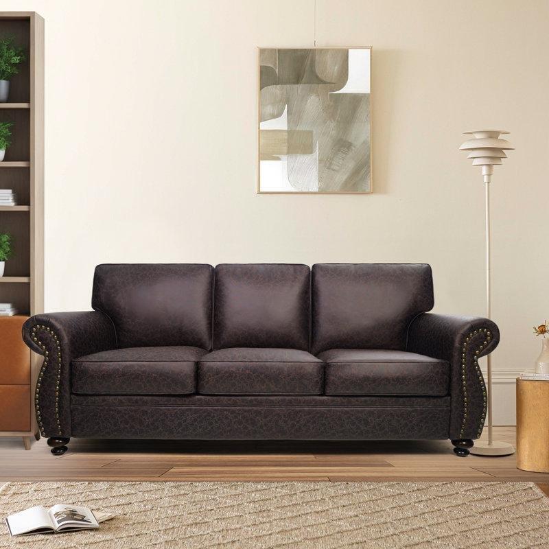 Eskitme Kumaş Zımba Detaylı Masif Ahşap Ayaklı 3 Kişilik Koltuk - 224 cm - 195948