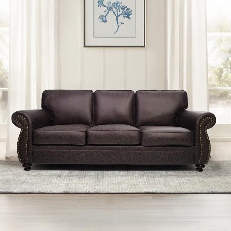 Eskitme Kumaş Zımba Detaylı Masif Ahşap Ayaklı 3 Kişilik Koltuk - 224 cm - 195948