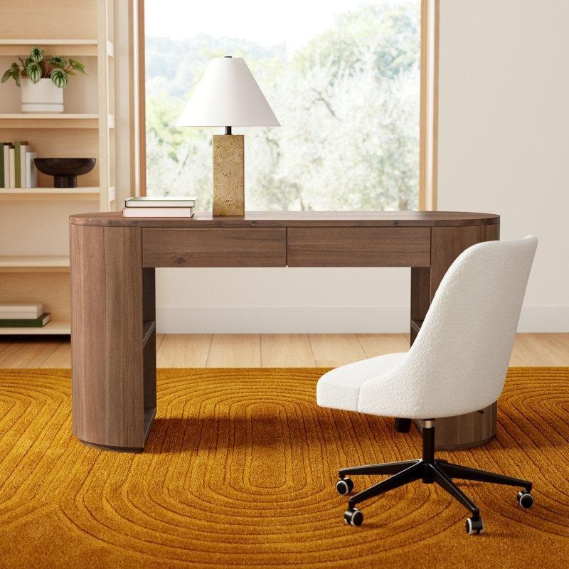 Eskitme Masif Akasya Ahşap Oval Raflı Vintage Çalışma Masası - 154 cm - 234018