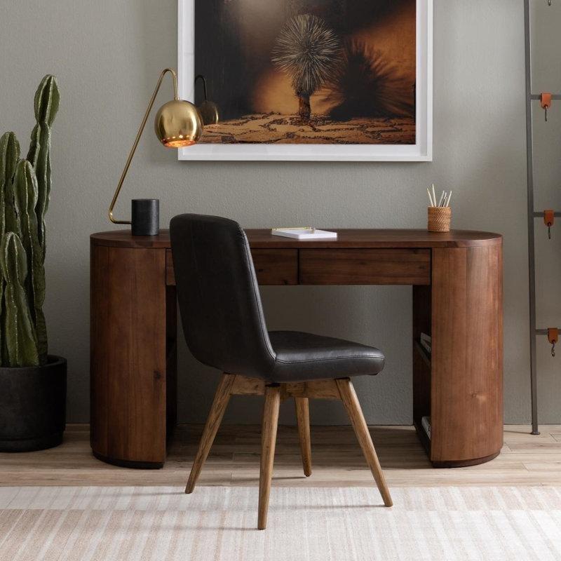 Eskitme Masif Akasya Ahşap Oval Raflı Vintage Çalışma Masası - 154 cm - 234018