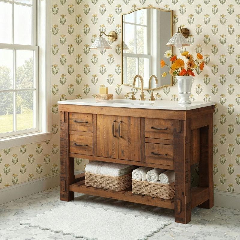 Eskitme Masif Çam Beyaz Kuvars Tezgahlı Yavaş Kapanır Çekmeceli Banyo Lavabo Dolabı - 122 cm - 200781