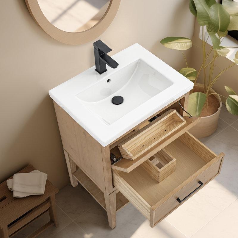 Eskitme Masif Köknar Ağacı Seramik Tezgahlı Açık Raflı Banyo Lavabo Dolabı - 62 cm - 198783