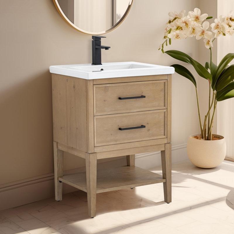 Eskitme Masif Köknar Ağacı Seramik Tezgahlı Açık Raflı Banyo Lavabo Dolabı - 62 cm - 198783