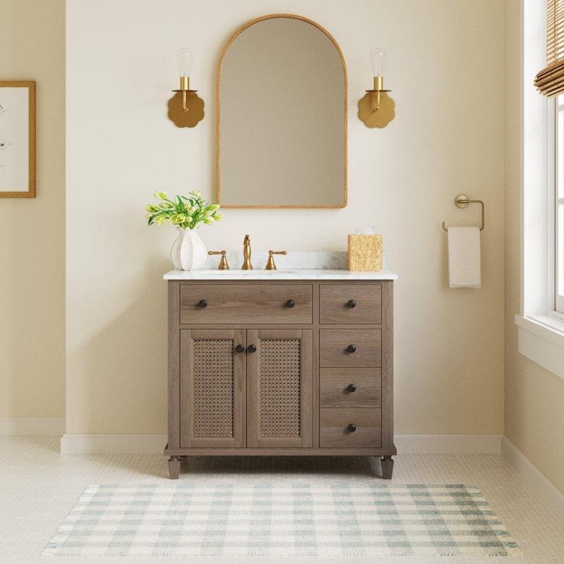 Eskitme Masif Köknar Carrara Mermer Tezgahlı Rattan Kapaklı Banyo Lavabo Dolabı - 92 cm - 199460