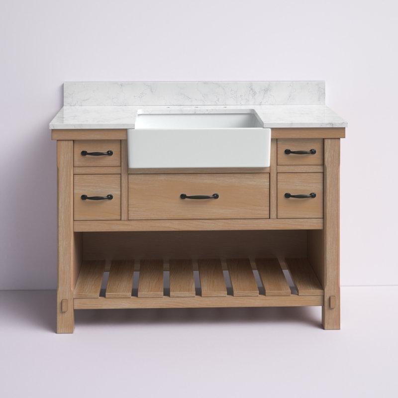 Eskitme Masif Meşe Çekmeceli ve Raflı Kır Evi Tarzı Banyo Lavabo Dolabı - 122 cm - 200231