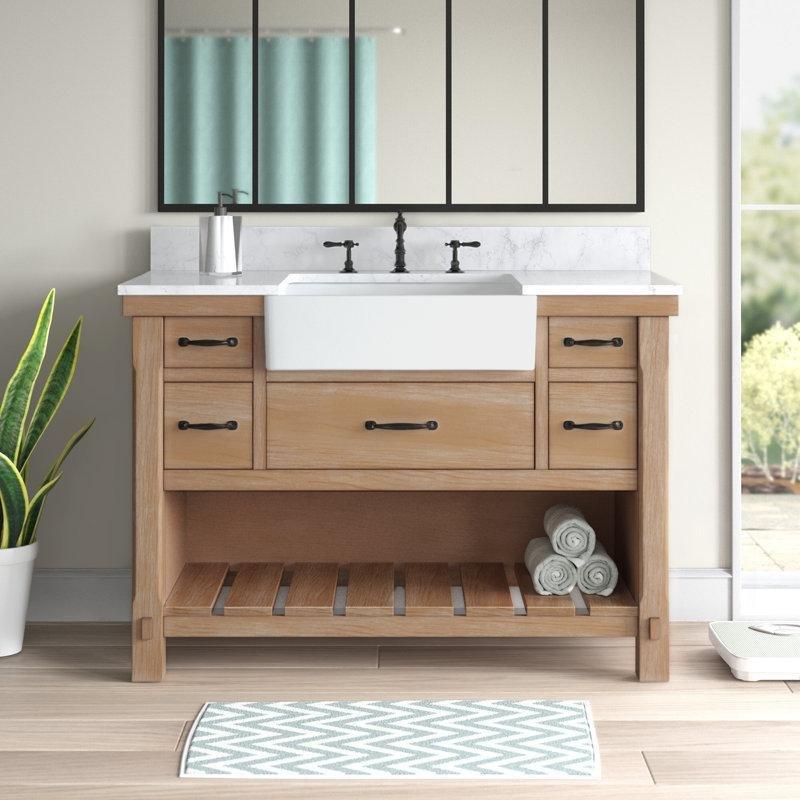 Eskitme Masif Meşe Çekmeceli ve Raflı Kır Evi Tarzı Banyo Lavabo Dolabı - 122 cm - 200231