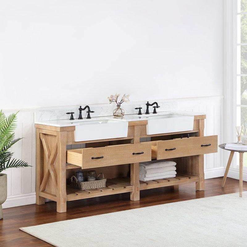 Eskitme Masif Meşe Taş Tezgahlı Çift Lavabolu Banyo Dolabı - 183 cm - 200400