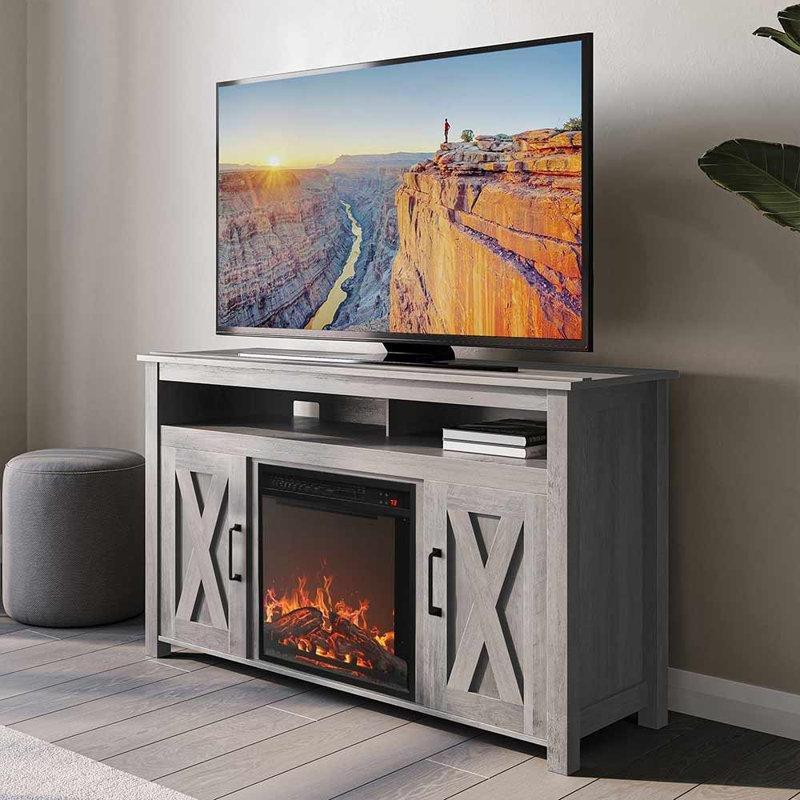 Eskitme Masif ve Endüstriyel Ahşap Ahır Kapılı Şömineli TV Ünitesi - 122 cm - 222406