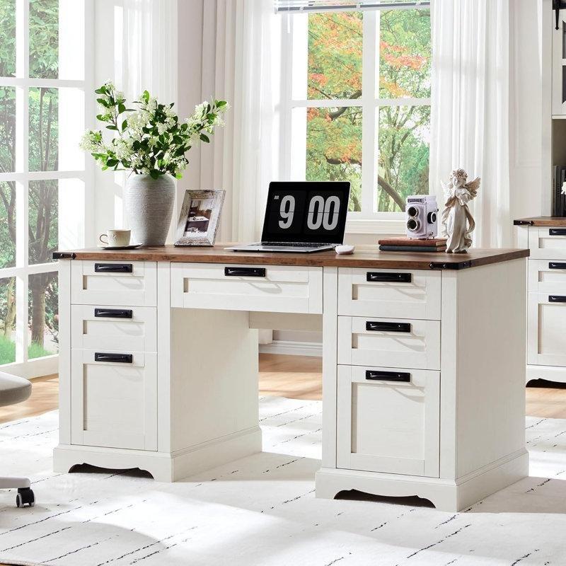 Eskitme Masif ve MDF Ahşap Çekmeceli Şarj İstasyonlu Yönetici Ofis Masası - 153 cm - 177246
