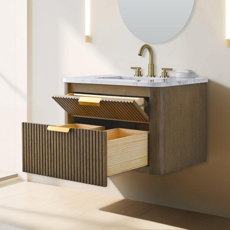 Eskitme Meşe Masif Ahşap Arabescato Tezgahlı Duvara Monte Çekmeceli Banyo Lavabo Dolabı - 77 cm - 198077
