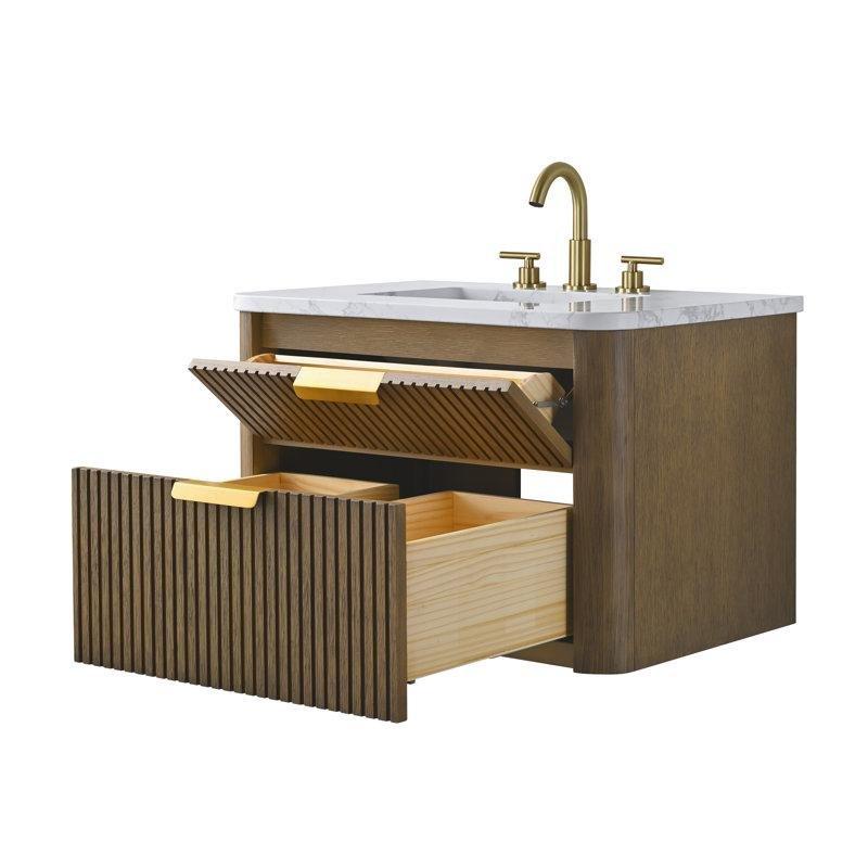 Eskitme Meşe Masif Ahşap Arabescato Tezgahlı Duvara Monte Çekmeceli Banyo Lavabo Dolabı - 77 cm - 198077