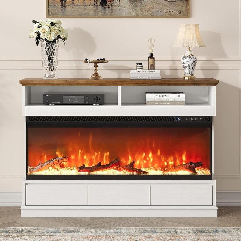 Eskitme Meşe MDF 3 Çekmeceli Üç Yönlü Camlı Şömineli TV Ünitesi - 134 cm - 221276