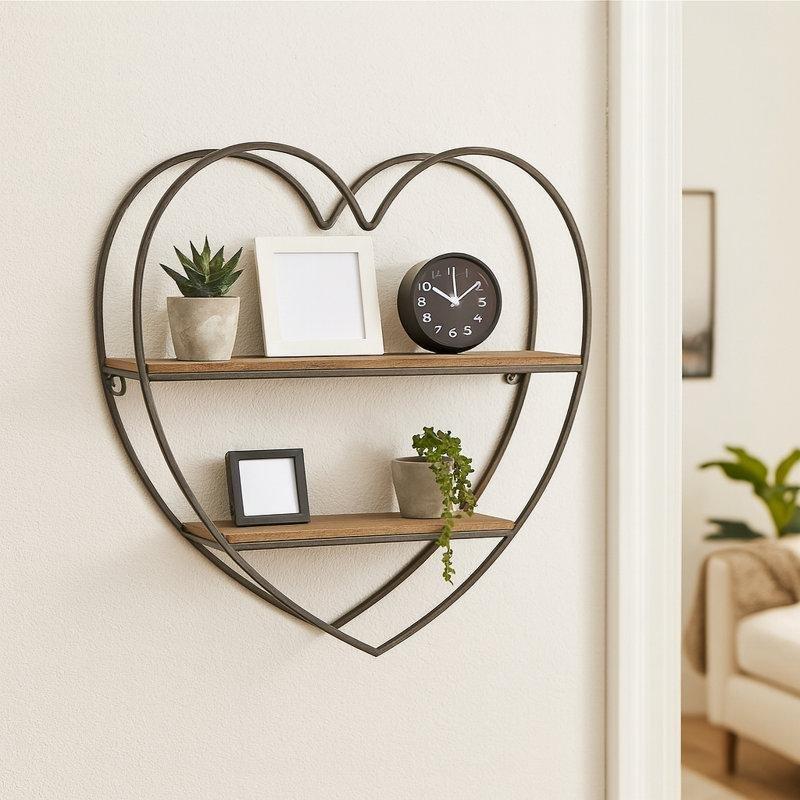 Eskitme Metal ve Ahşap Kalp Şeklinde İki Katlı Duvar Rafı - 51 cm - 180092
