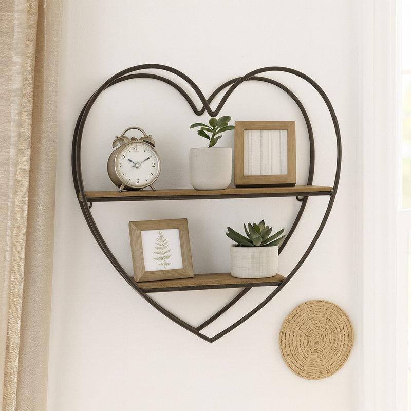 Eskitme Metal ve Ahşap Kalp Şeklinde İki Katlı Duvar Rafı - 51 cm - 180092