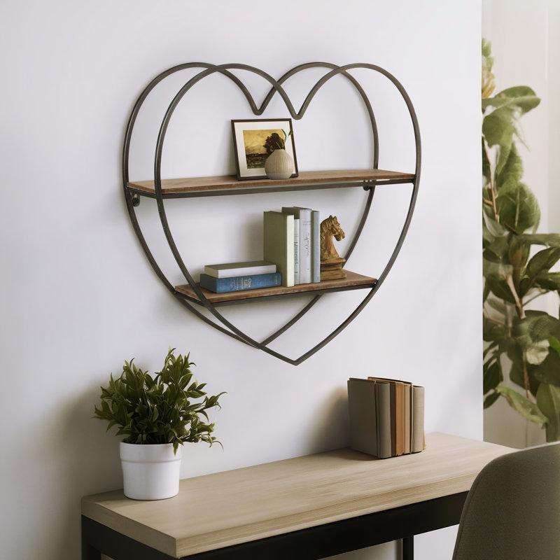 Eskitme Metal ve Ahşap Kalp Şeklinde İki Katlı Duvar Rafı - 51 cm - 180092