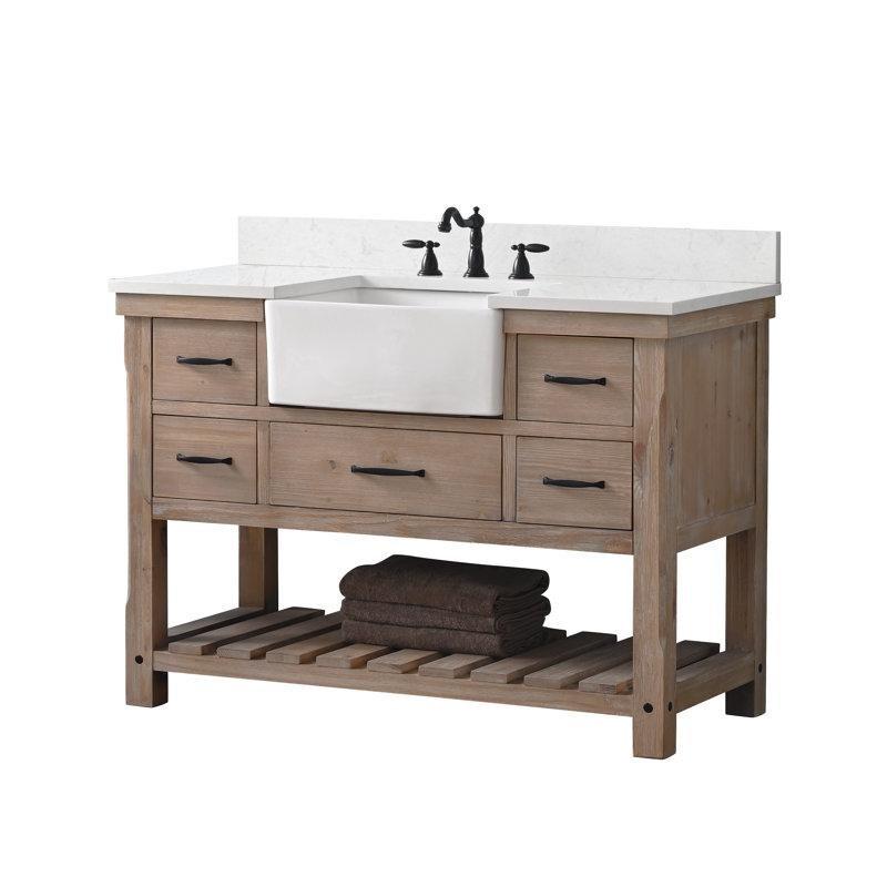 Eskitme Naturel Masif Ahşap Çekmeceli ve Raflı Banyo Lavabo Dolabı - 122 cm - 199500