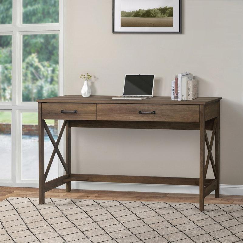 Eskitme Sunta İki Çekmeceli Klavye Tepsili X-Çapraz Destekli Vintage Çalışma Masası - 121x60 cm - 234792