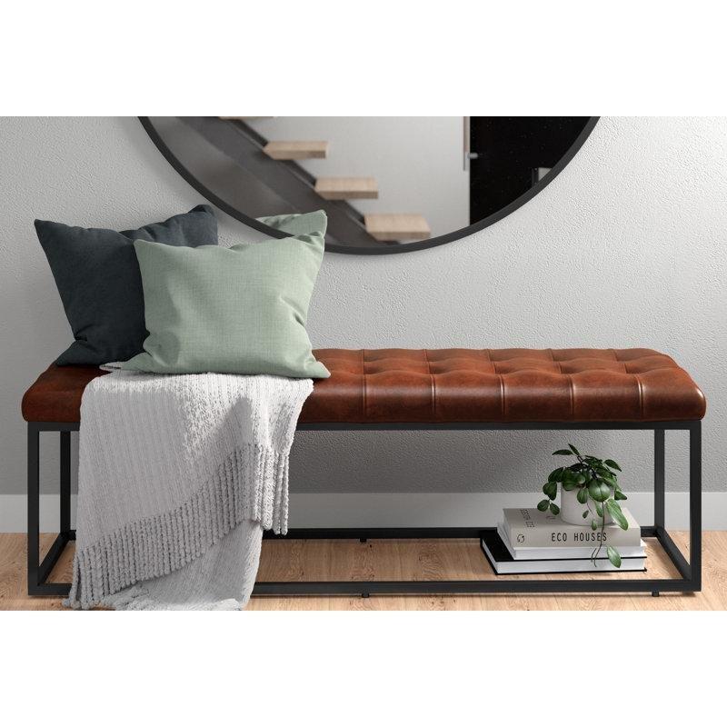 Eskitme Tasarım Hakiki Deri Kapitoneli Metal Ayaklı Bench - 140 cm - 164539