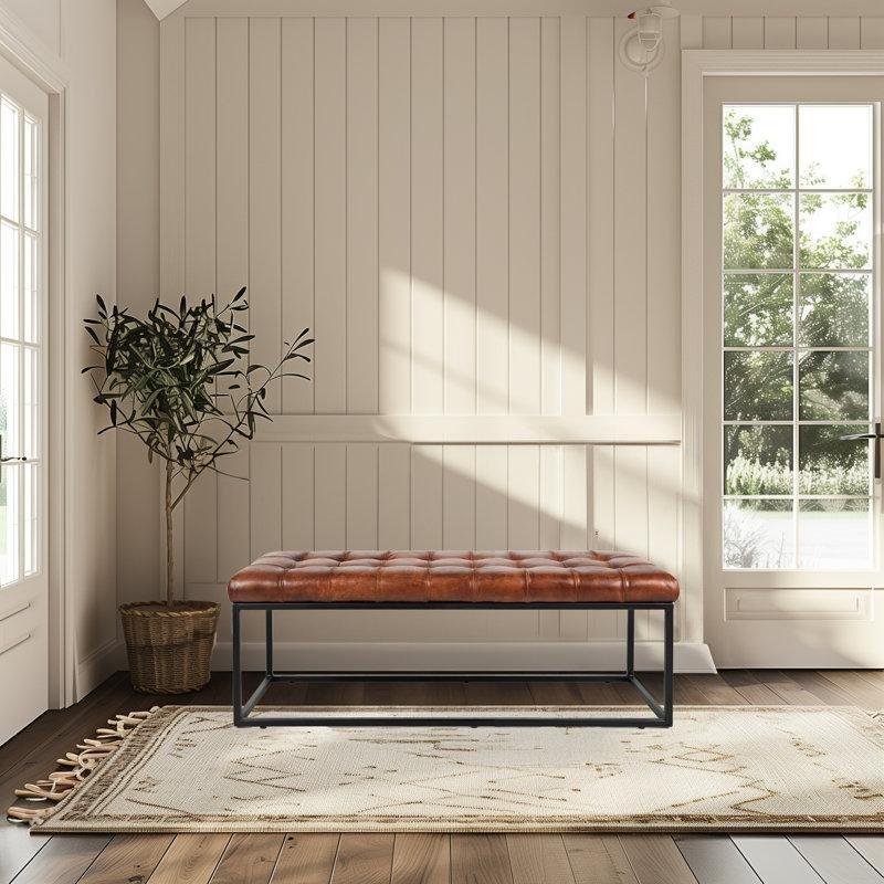 Eskitme Tasarım Hakiki Deri Kapitoneli Metal Ayaklı Bench - 140 cm - 164539