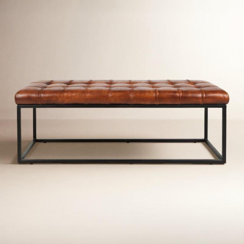 Eskitme Tasarım Hakiki Deri Kapitoneli Metal Ayaklı Bench - 140 cm - 164539