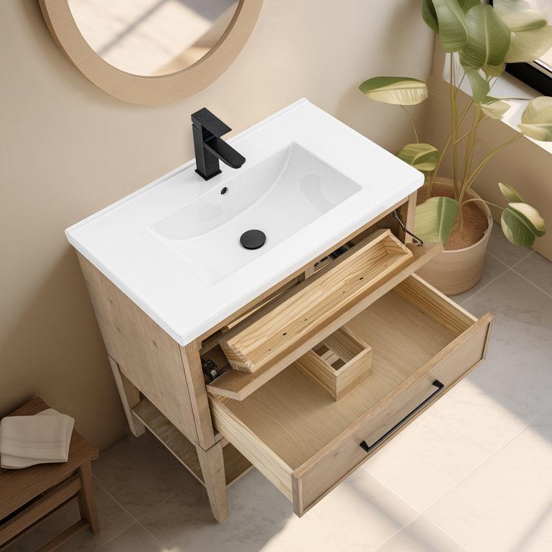 Eskitme Tasarım Köknar Ağacı Çekmeceli ve Raflı Entegre Lavabolu Banyo Dolabı - 77 cm - 198177