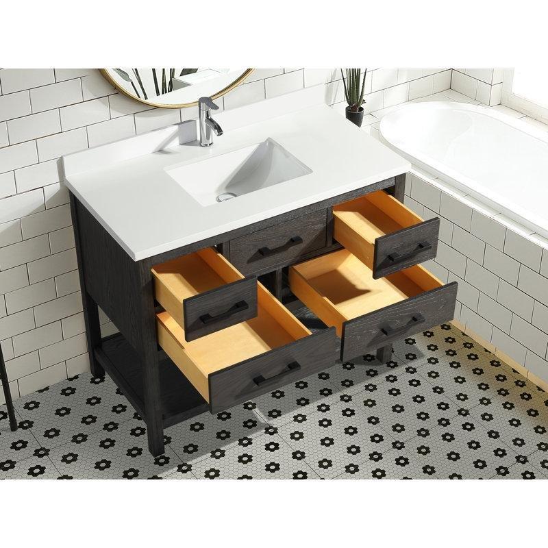 Eskitme Tasarım Masif Ahşap Kuvars Tezgahlı Çekmeceli Ayaklı Banyo Lavabo Dolabı - 107 cm - 199512