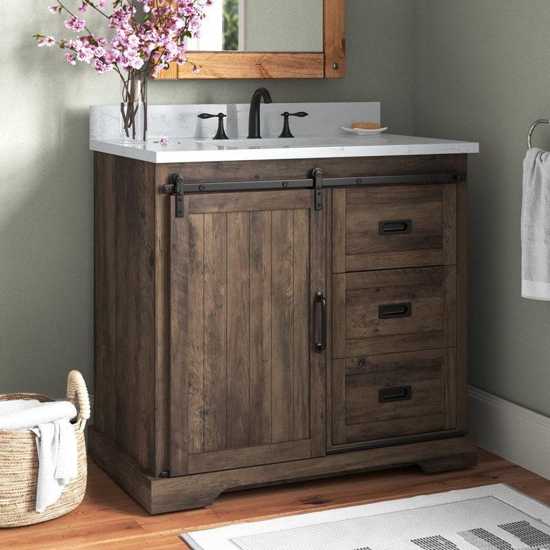 Eskitme Tasarım Mermer Tezgahlı Sürgülü Kapaklı Çekmeceli Ayaklı Banyo Lavabo Dolabı - 92 cm - 198873