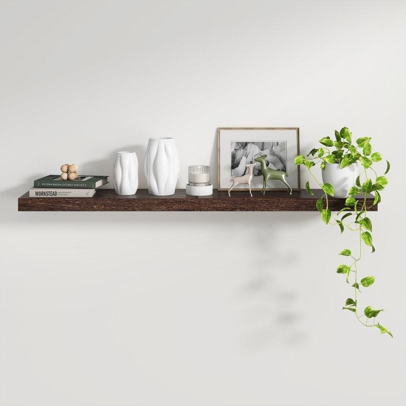 Eskitme Tasarımlı Masif Paulownia Ahşap Gizli Montajlı Duvar Rafı - 122 cm - 180253