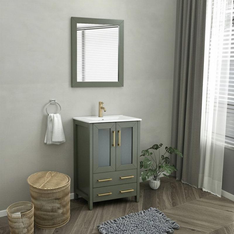 Eskitme Yeşil Masif Kavak Ahşap Seramik Tezgahlı Aynalı Çekmeceli Ayaklı Banyo Lavabo Dolabı - 60 cm - 201570