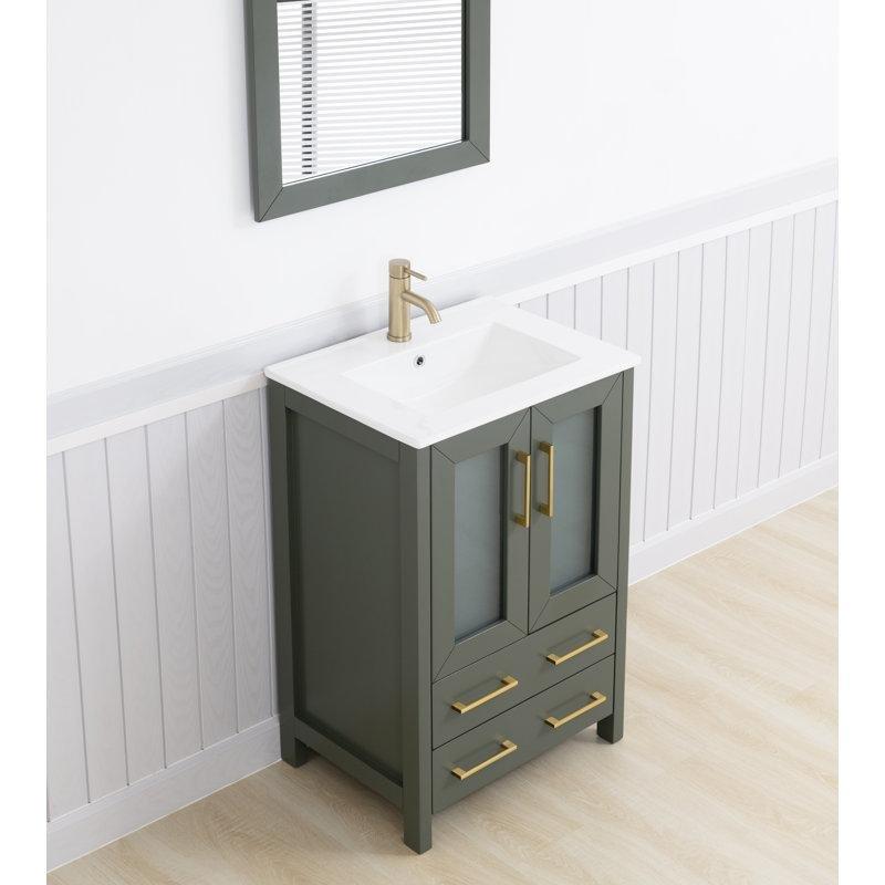 Eskitme Yeşil Masif Kavak Ahşap Seramik Tezgahlı Aynalı Çekmeceli Ayaklı Banyo Lavabo Dolabı - 60 cm - 201570