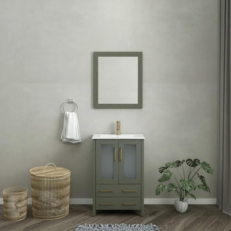 Eskitme Yeşil Masif Kavak Ahşap Seramik Tezgahlı Aynalı Çekmeceli Ayaklı Banyo Lavabo Dolabı - 60 cm - 201570