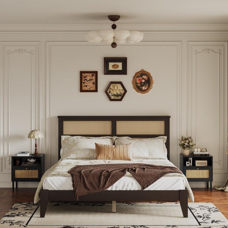 Espresso Kahverengi Masif Ahşap Rattan Başlıklı Bohem Karyola - Queen Boy - 182067