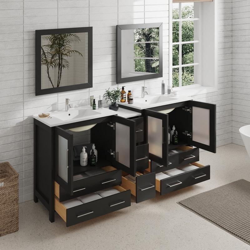Espresso Masif Kavak Ağacı Aynalı Çift Lavabolu Yavaş Kapanır Banyo Lavabo Dolabı - 183 cm - 201337
