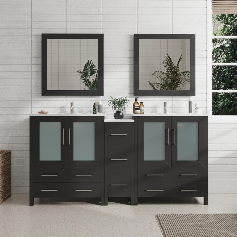 Espresso Masif Kavak Ağacı Aynalı Çift Lavabolu Yavaş Kapanır Banyo Lavabo Dolabı - 183 cm - 201337