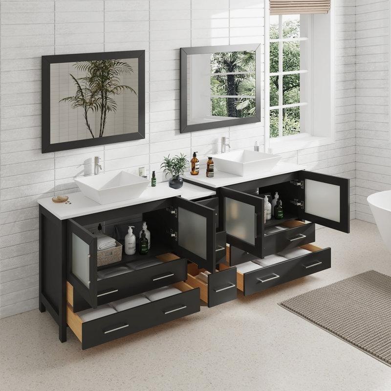 Espresso Masif ve Endüstriyel Ahşap Aynalı Çift Lavabolu Banyo Dolabı Seti - 214 cm - 202106
