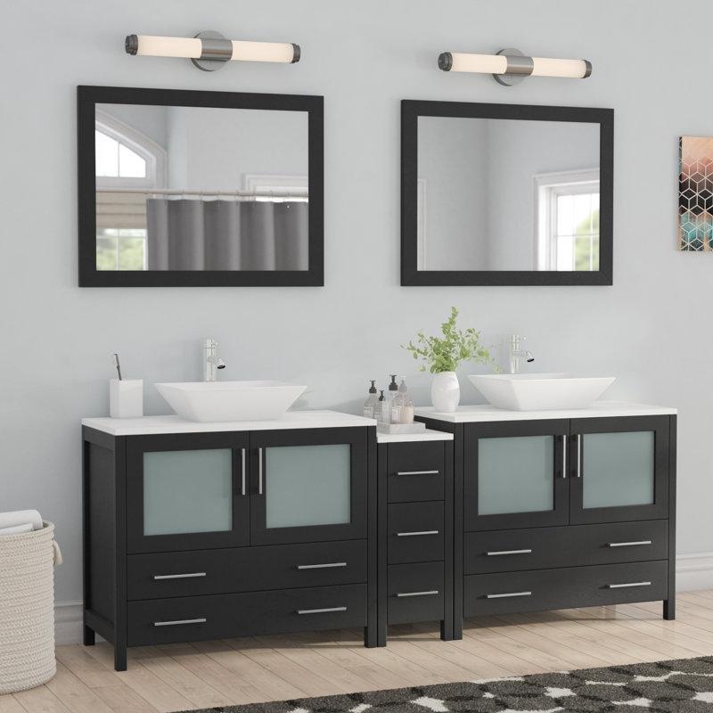 Espresso Masif ve Endüstriyel Ahşap Aynalı Çift Lavabolu Banyo Dolabı Seti - 214 cm - 202106