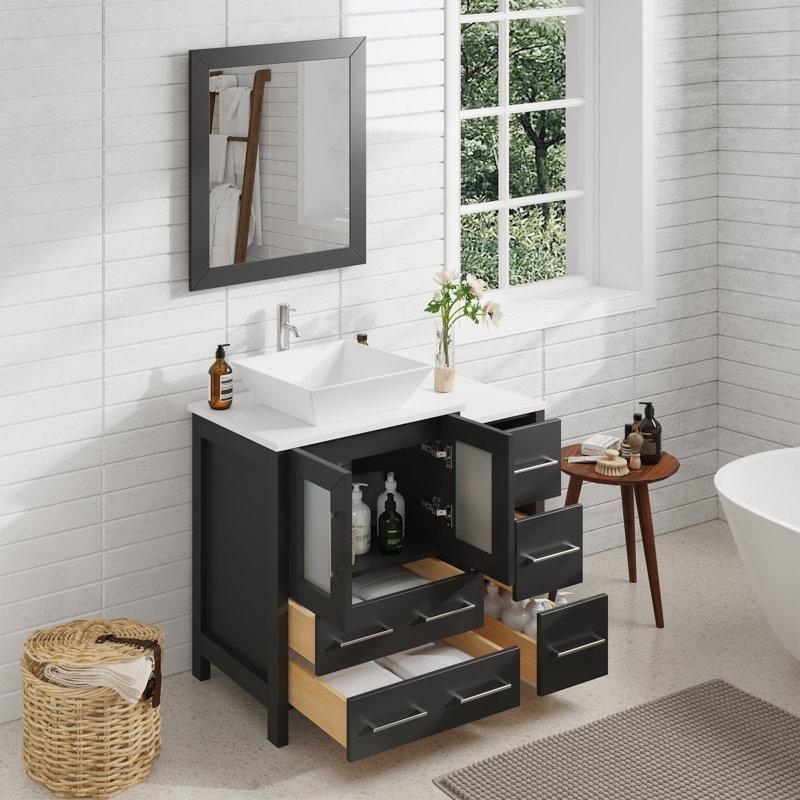 Espresso Mermer Tezgahlı Masif Ahşap Aynalı ve Çekmeceli Banyo Lavabo Dolabı - 92 cm - 201185
