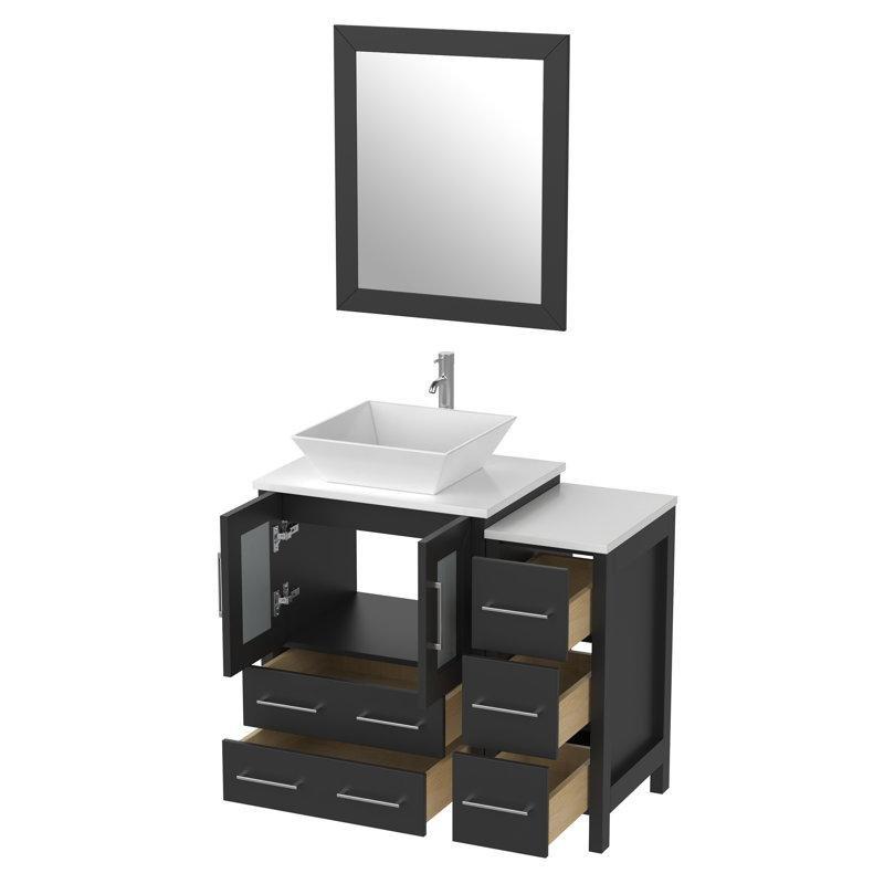 Espresso Mermer Tezgahlı Masif Ahşap Aynalı ve Çekmeceli Banyo Lavabo Dolabı - 92 cm - 201185