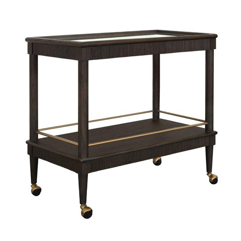 Espresso Meşe Masif Ahşap ve Cam Yivli Tekerlekli Servis Arabası - 94 cm - 178044