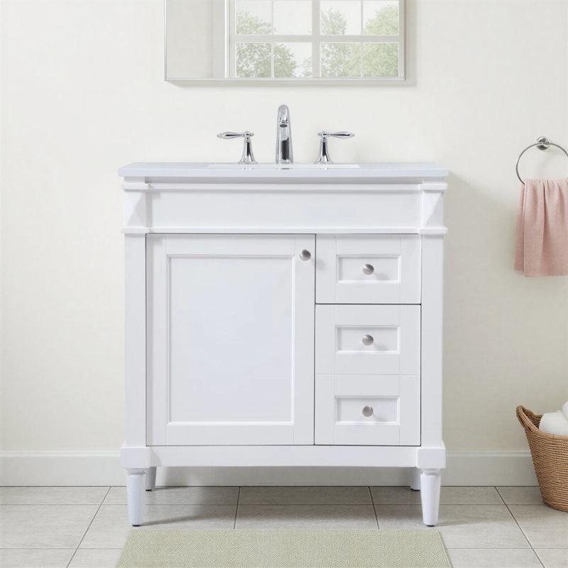 Fildişi Beyazı Endüstriyel Mermer Tezgahlı Masif Ahşap Ayaklı Çekmeceli Banyo Lavabo Dolabı - 82 cm - 198452