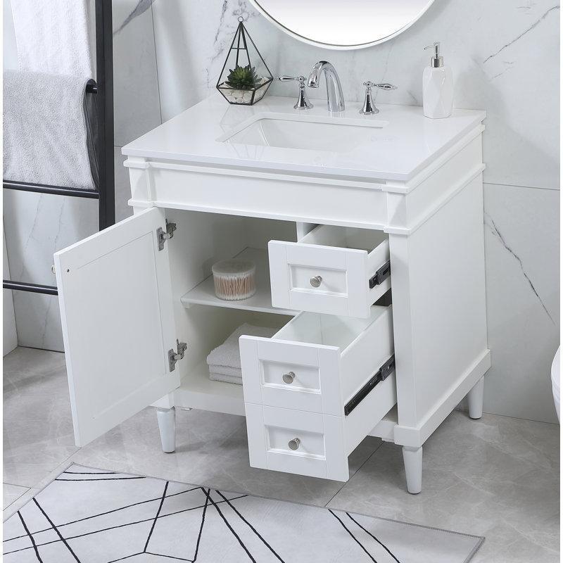 Fildişi Beyazı Endüstriyel Mermer Tezgahlı Masif Ahşap Ayaklı Çekmeceli Banyo Lavabo Dolabı - 82 cm - 198452