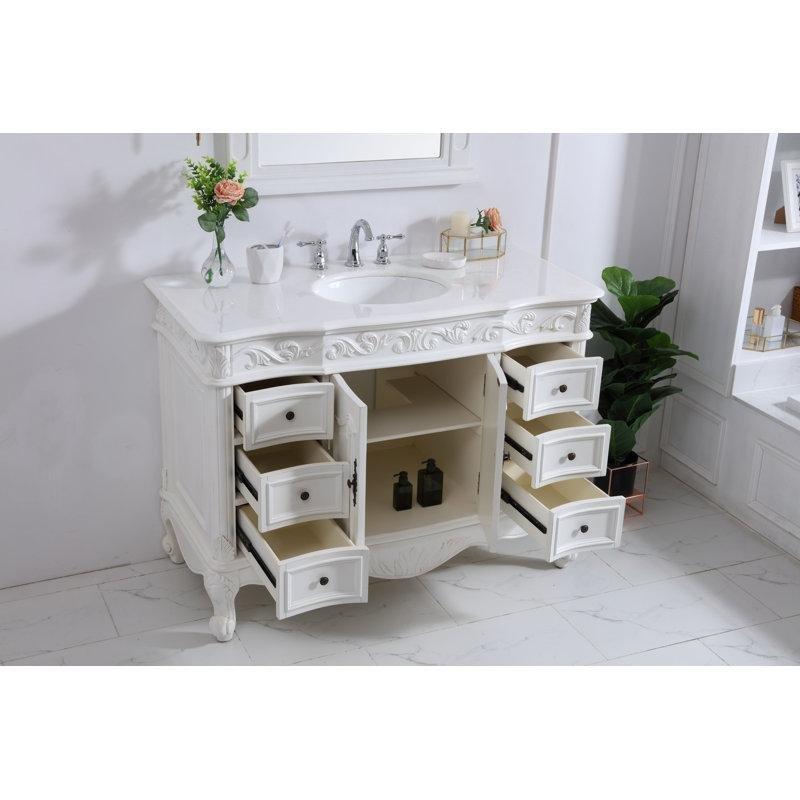 Fildişi Beyazı Mermer Kompozit Tezgahlı 6 Çekmeceli Oyma Desenli Ayaklı Banyo Lavabo Dolabı - 122 cm - 200122
