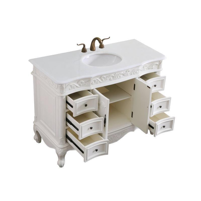 Fildişi Beyazı Mermer Kompozit Tezgahlı 6 Çekmeceli Oyma Desenli Ayaklı Banyo Lavabo Dolabı - 122 cm - 200122