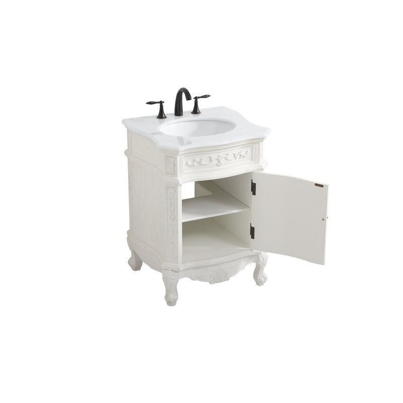 Fildişi Beyazı Mermer Tezgahlı Masif Ahşap ve MDF Ayaklı Banyo Lavabo Dolabı - 61 cm - 200899