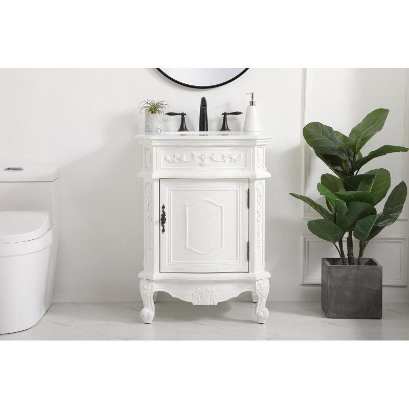 Fildişi Beyazı Mermer Tezgahlı Masif Ahşap ve MDF Ayaklı Banyo Lavabo Dolabı - 61 cm - 200899