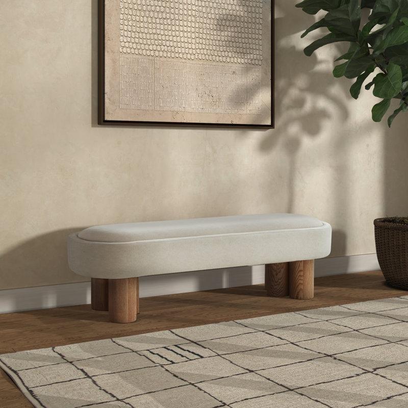 Fildişi Bukle Kumaş Döşemeli Masif Ahşap Silindir Ayaklı Kavisli Bench - 152 cm - 164632