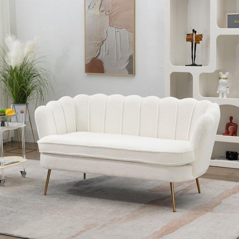 Fildişi Bukle Kumaş Gold Ayaklı Oval İkili Koltuk - 150 cm - 207495