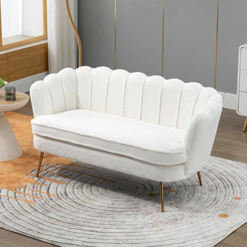 Fildişi Bukle Kumaş Gold Ayaklı Oval İkili Koltuk - 150 cm - 207495