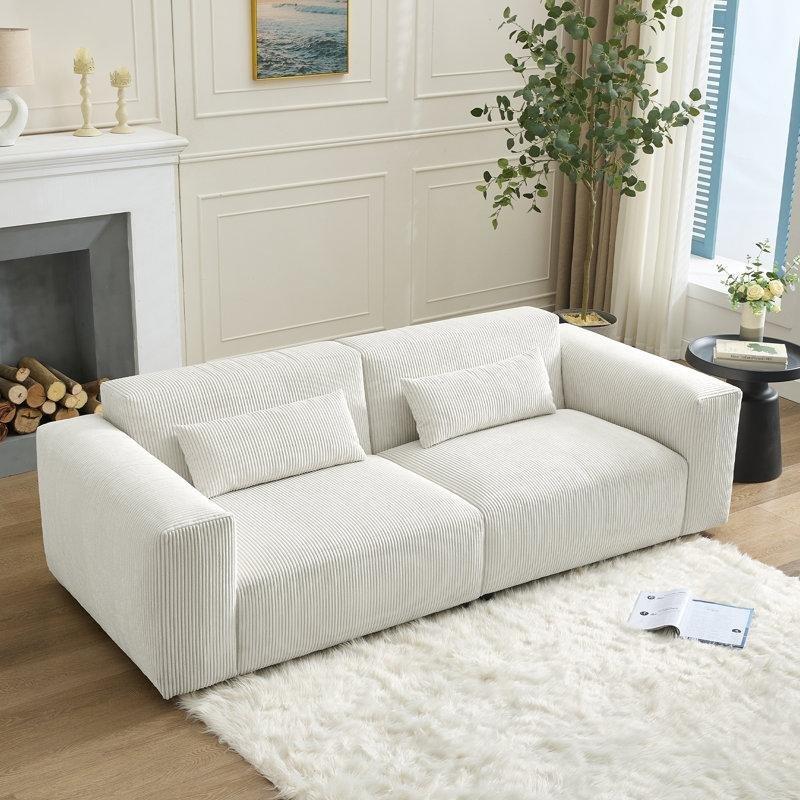 Fildişi Fitilli Kadife Kumaşlı 3 Kişilik Masif Ahşap Koltuk - 234 cm - 197015